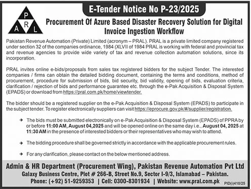 Pakistan Revenue Automation Private Limited Islamabad Tender Notice-1